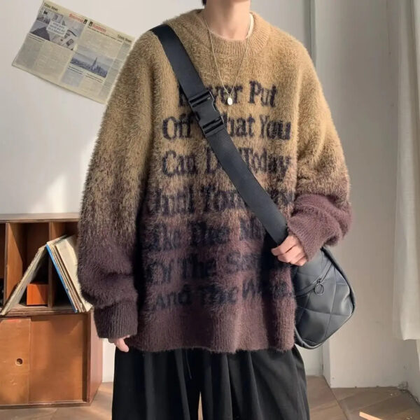 Sae8cdb43bd184fafb41e40fdaa768cc8P.jpg Gradient Letters Retro Sweater Men's Autumn Winter Loose Fashion Brand Handsome Clothes American Trendy Lazy Style Knitted