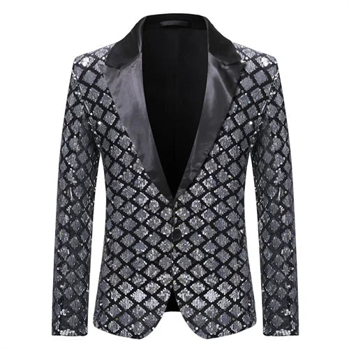 Saebc35ace46f47f9b71788cd7699d609r.jpg Fashion Men Luxurious Sequin Plaid Suit Jacket Gold / Silver Singer Host Stage Party Loose Dress Blazer Coats
