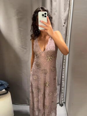 Floral Print V-Neck Sling Dress for Women Ruffle Detail Backless Long Party Gown Elegant Bodycon Style Casual Short Dress