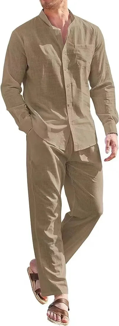Mens Casual Linen Two Piece Sets 2024 Europe Style Vintage Basic Tops and Solid Pants Suit Male Beach Tracksuits Set