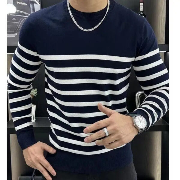 Sb05923805ca44c358088809dfecb12724.jpg Men's Long Sleeved T-shirt with Fashionable Stripes and Round Neck Versatile and Slim Fit Handsome Top