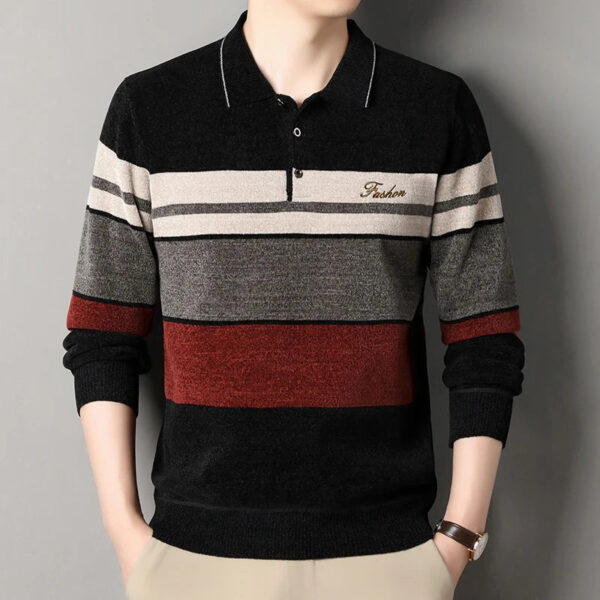 Sb0ba07317bb849a8ae2894a337e8e983t.jpg Men's Lapel Sweater Fashion Striped Knitted Pullovers Autumn Winter Fleece Lined Knitwear Thickened Jumpers New Jersey