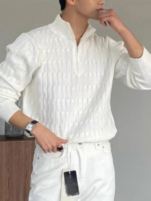Sb266704f32114a7b84374055f7384efbJ.jpg Autumn Men Knitted Zipper Pullover Sweater Long Sleeve Solid Color Premium Jacquard Stand Collar Knitwear Trending Streetwear