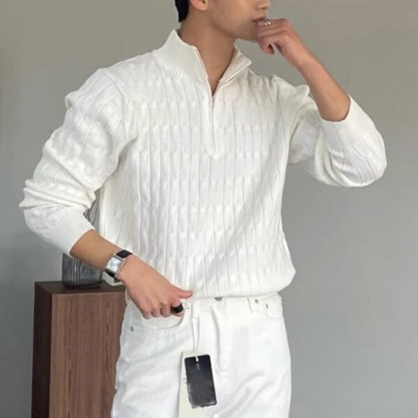Sb266704f32114a7b84374055f7384efbJ.jpg Autumn Men Knitted Zipper Pullover Sweater Long Sleeve Solid Color Premium Jacquard Stand Collar Knitwear Trending Streetwear