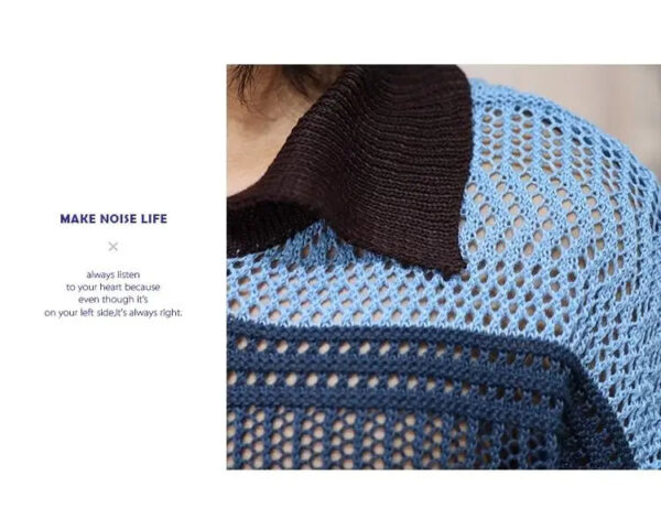New Summer Japanese Lazy Style Hollow Knitted Short-sleeved POLO Shirt T-shirt Men's Contrasting Striped Five-point Sleeve Top