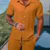 Sb4a0ee2338fb47f595455424fa84c252Z.jpg Spring And Summer New Sports Men's Polo Casual Solid Color Loose Short-sleeved Drawstring Shorts Cardigan Striped Sports Suit