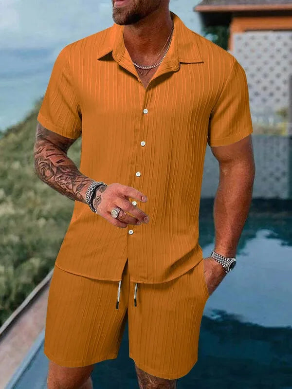 Sb4a0ee2338fb47f595455424fa84c252Z.jpg Spring And Summer New Sports Men's Polo Casual Solid Color Loose Short-sleeved Drawstring Shorts Cardigan Striped Sports Suit
