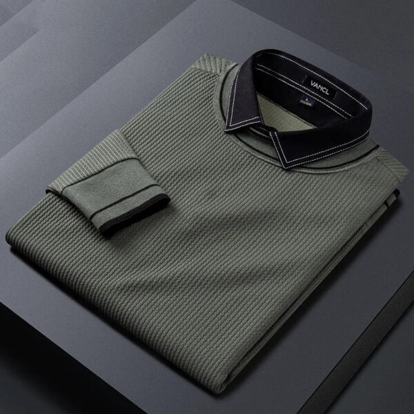 Sb502b49fc89f4ef8b247337cfe15f9a0l.jpg 2023 Spring and Autumn Oversized Versatile Korean Edition Trend Solid Color Long Sleeve Polo Collar Fake Two Piece Knitted Shirt
