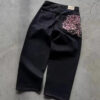 Hip Hop Cherry Blossom Embroidered Jeans Vintage Low Waist Wide Leg Trousers Y2K Clothes Mens Womes Embroidered Baggy Jeans