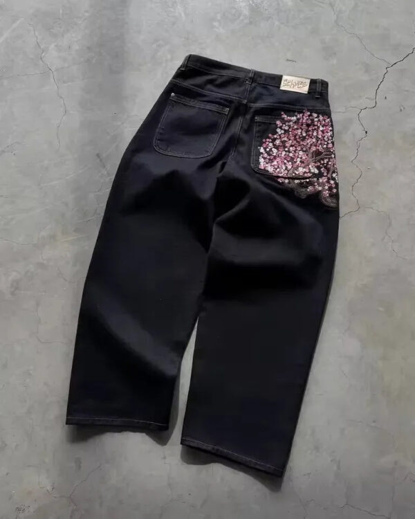Hip Hop Cherry Blossom Embroidered Jeans Vintage Low Waist Wide Leg Trousers Y2K Clothes Mens Womes Embroidered Baggy Jeans