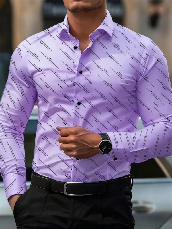 Men's shirt fashion geometric line print long sleeve shirt business office casual slim versatile daily outdoor commuting top