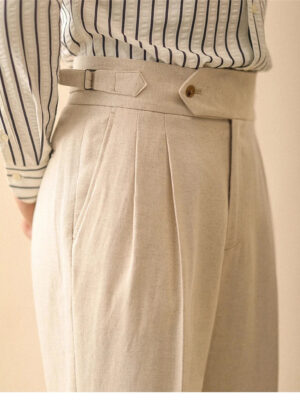 Linen Straight Pant For Men Summer Business Gentleman Naples Pant Paris Buckle Drape High Waisted Trousers Men Formal Pant