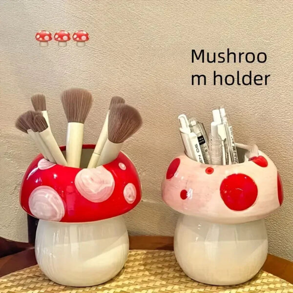 Sb8c40db6fbd54df2a7f70b8125420ee77.jpg Cute Mushroom Ceramic Pen Container Series Suitable Makeup Brush Holder Office Supplies Desktop Creative Decoration