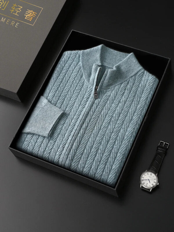 Sb90e0f3c8f6e4f4ebfe714d95bbc34b1z.jpg Thick Men's Mock Neck Cardigan 100% Merino Wool Sweater Autumn Winter Smart Casual Cashmere Knitwear Jacquard Texture Clothing