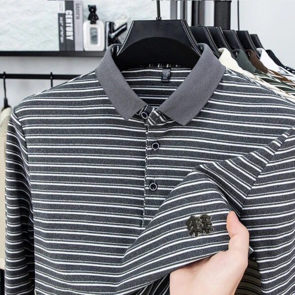 Sb95c30a5986d44bd9cc17c8eb7162324C.jpg Men's Striped Long Sleeved T-shirt Polo Shirt Button Up Men's Stand Up Collar, Winter Double-sided German Velvet Base Shirt