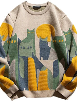 Sb95ecf963afb4ee7919733efcb8e614eE.jpg 2024 Autumn Knitted Sweater Men Women Winter Harajuku Cartoon Full Cat Print Pullover Vintage Causal Loose Sweaters Streetwear