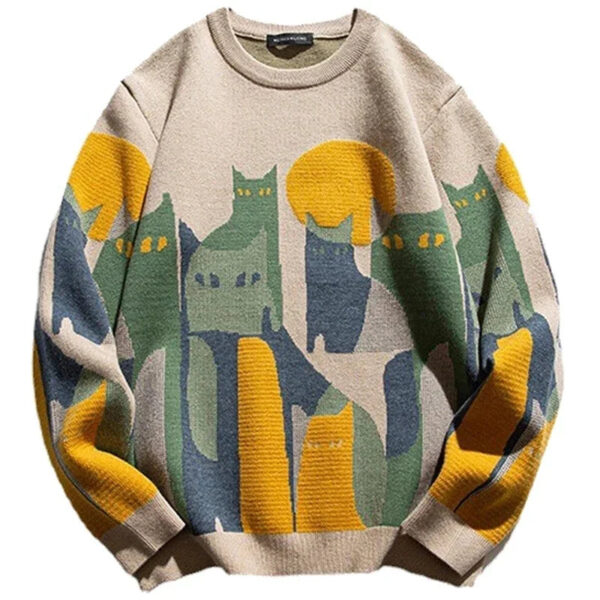 Sb95ecf963afb4ee7919733efcb8e614eE.jpg 2024 Autumn Knitted Sweater Men Women Winter Harajuku Cartoon Full Cat Print Pullover Vintage Causal Loose Sweaters Streetwear