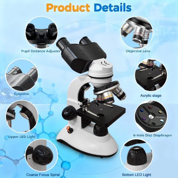 Binocular Compound Microscope for Students,40X-2000X Acrylic Transparent Stage Microscope,Microscope Kit for Adults and Beginner
