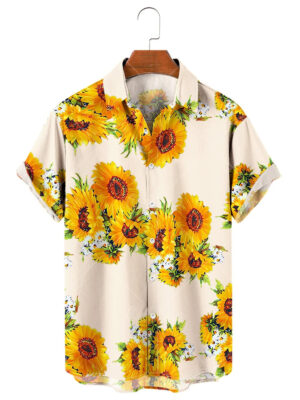 Men's Hawaiian Shirt, 3D Sunflower Print T-Shirt, Floral Single Row Button Lapel, Large 5XL, Casual Style, Beach To