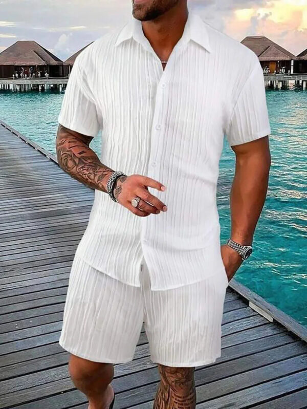Sbad566a6241747e484c61eaeb2a14e3cR.jpg Spring And Summer New Sports Men's Polo Casual Solid Color Loose Short-sleeved Drawstring Shorts Cardigan Striped Sports Suit