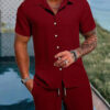 Sbada0ed7e3ec45e09a47928189adc049R.jpg Spring And Summer New Sports Men's Polo Casual Solid Color Loose Short-sleeved Drawstring Shorts Cardigan Striped Sports Suit