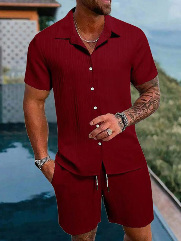 Sbada0ed7e3ec45e09a47928189adc049R.jpg Spring And Summer New Sports Men's Polo Casual Solid Color Loose Short-sleeved Drawstring Shorts Cardigan Striped Sports Suit