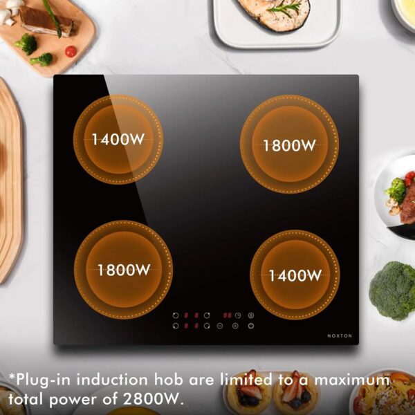 NOXTON Plug in Induction Hob, 4 Zones Electric 60cm Built-in, Touch, Safety Lock, 99-Min-Timer, Black, (UK:2800W/EU:3500W)