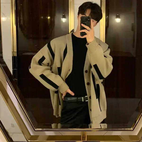 Sbbcde487bf034f1aad97a1da54342fce4.jpg Men's Clothing Cardigan Knit Sweater Male Black Striped Korean Autumn Clothes V Neck Best Selling Products 2025 Y2k Streetwear A