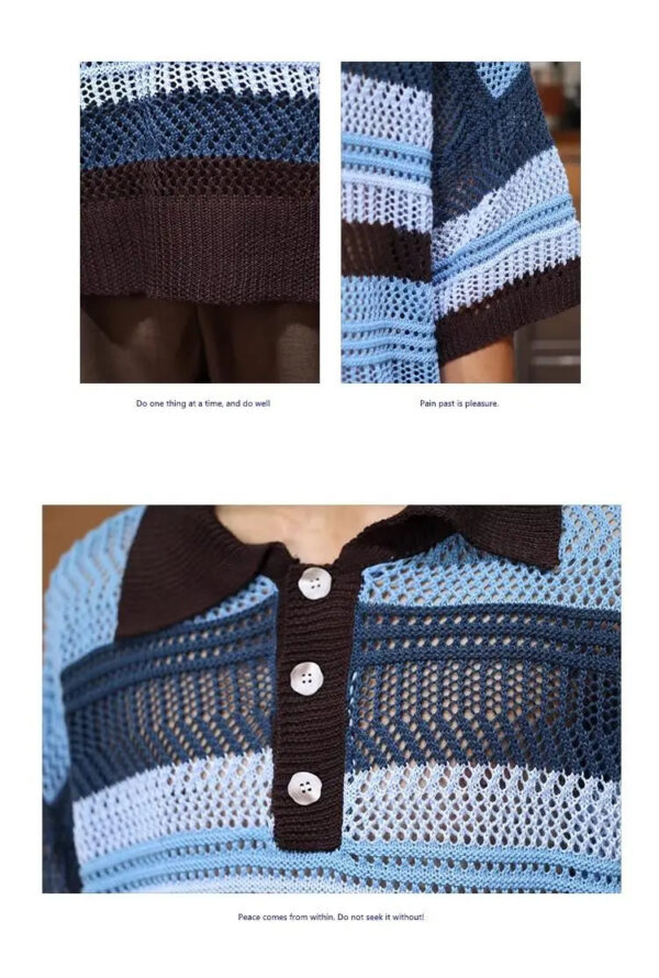 New Summer Japanese Lazy Style Hollow Knitted Short-sleeved POLO Shirt T-shirt Men's Contrasting Striped Five-point Sleeve Top