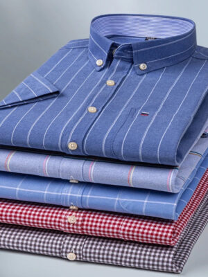 Sbe9e24376fe441f88b17ed6008038085k.jpg Fashionable Men's Shirt Short Sleeve 100% Cotton Oxford Stripe Plaid Formal Men's Casual Social Shirt Available in Large Sizes
