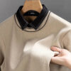Sc04bc4815cf04835941f2a9901dbaa64u.jpg 2023 Spring and Autumn Oversized Versatile Korean Edition Trend Solid Color Long Sleeve Polo Collar Fake Two Piece Knitted Shirt