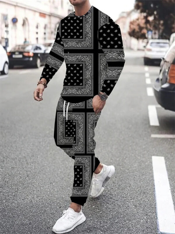 Sc39f654cda49499190f1cd02d02006d97.jpg Autumn Men's Sportswear Suit Mens Long-sleeved T-shirt Long Pants Suit Retro Quilted Print Casual Street Tops Two-piece Clothing