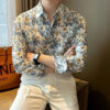 Men Clothing Korean Fashion Floral Print High Street Chic Shirt Spring Autumn Casual Long Sleeve Slim Fit Tops Camisas De Hombre