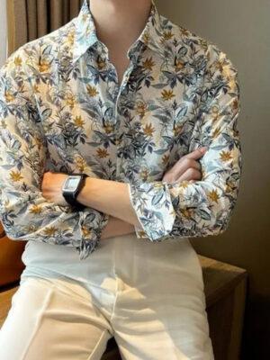 Men Clothing Korean Fashion Floral Print High Street Chic Shirt Spring Autumn Casual Long Sleeve Slim Fit Tops Camisas De Hombre
