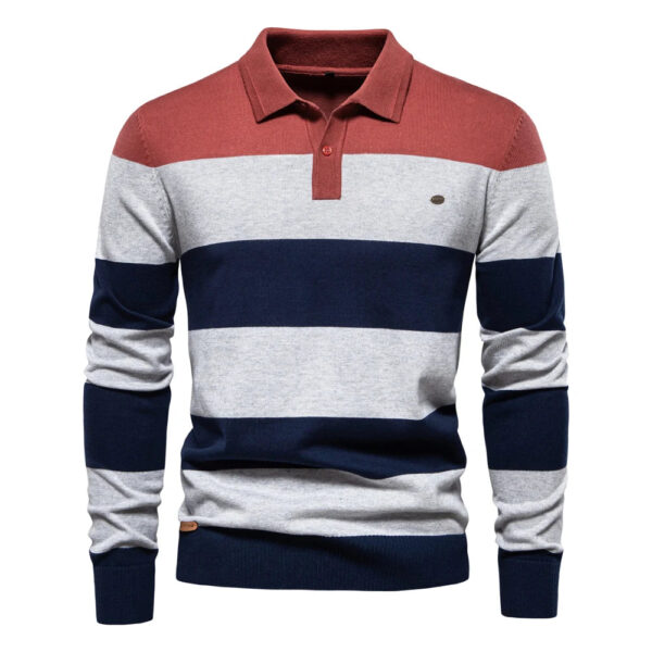 AIOPESON Mens Strip Cotton Button-up Polo Collar Sweater Knit Casual Business Sweaters for Men