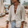 Sc4e8862c03e4426da2f827a654f68f06T.jpg Men's new men's long sleeve buttoned cotton linen shirt lapel cardigan