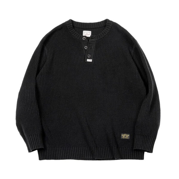 Maden Workwear American Retro Black Knitted Henley Shirt Vertical Stripe Pullover Sweater for Men Autumn and Winter