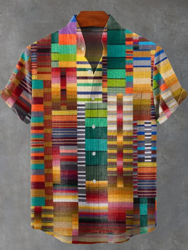 Hawaiian Men's Short Sleeve Shirt 3D Grid Printed Casual Fashion Button Flap Top Comfortable Breathable
