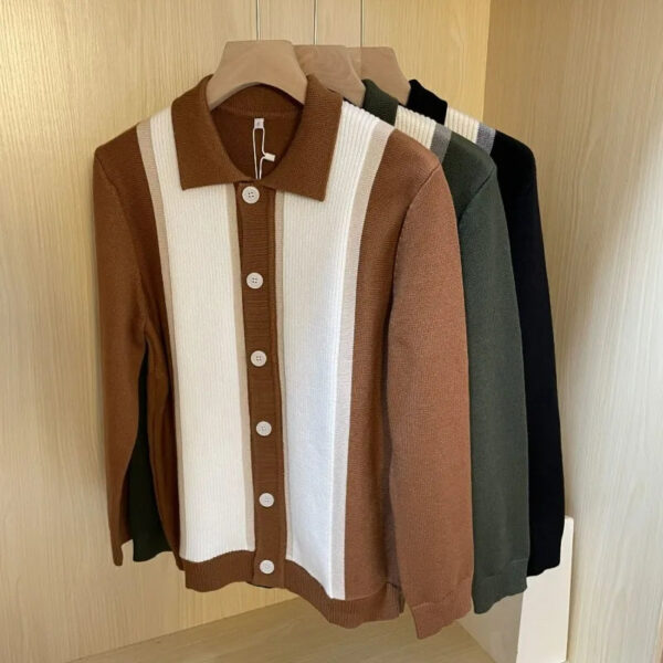 Sc6da6cdb59204ef39d58aa773928a7a7l.jpg Mens Clothes Trendy Contrast Color Patchwork Button Sweater Cardigan Autumn Winter Polo Collar Long Sleeve Loose Knitted Jackets