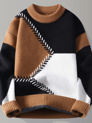 Sc779ad6b7c8a438895e1266d2316f06fG.jpg Autumn Winter Youthful Vitality Pullovers Men Fashion Patchwork O-Neck Knitted Sweater Mens Loose Warm Casual Chic Knit Sweaters