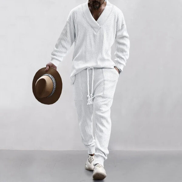 Sc85f77dc136c4b01b54e9aaa809e9762y.jpg 2025 Cross-border New Men's Casual Trousers V-Neck Versatile Jacquard Knitted Sweater Set