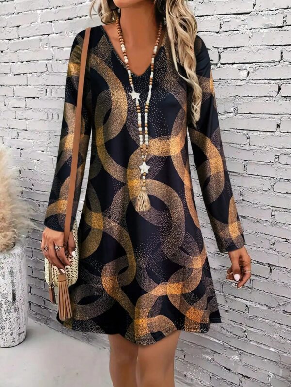 Sca42c1371bcf416d93ea0ce5077a5e91P.jpg Women's Early Autumn Long - Sleeve V - Neck Dress, Geometric Gold - Print, Ideal for Casual & Evening
