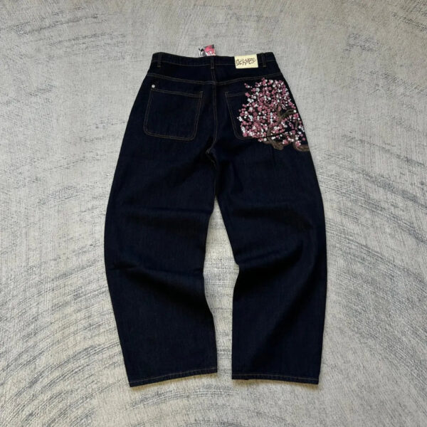 Hip Hop Cherry Blossom Embroidered Jeans Vintage Low Waist Wide Leg Trousers Y2K Clothes Mens Womes Embroidered Baggy Jeans