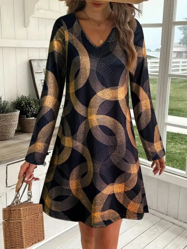 Scc84ec1489954a1a8bd3184ec866d22by.jpg Women's Early Autumn Long - Sleeve V - Neck Dress, Geometric Gold - Print, Ideal for Casual & Evening