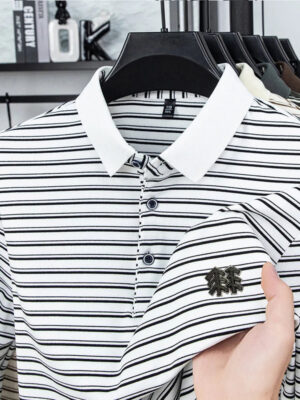 Sccb2cd512fc74968b97884cc9aa87cecT.jpg Men's Striped Long Sleeved T-shirt Polo Shirt Button Up Men's Stand Up Collar, Winter Double-sided German Velvet Base Shirt