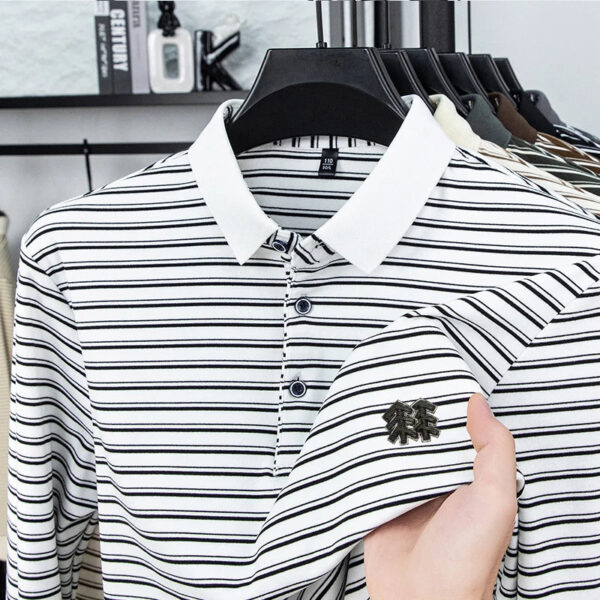 Sccb2cd512fc74968b97884cc9aa87cecT.jpg Men's Striped Long Sleeved T-shirt Polo Shirt Button Up Men's Stand Up Collar, Winter Double-sided German Velvet Base Shirt