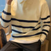 Autumn Simple Lapel Striped Sweater For Men Casual Vintage Korean Fashion Knitwear Top New Y2K Loose Knitted Pullover Jumper