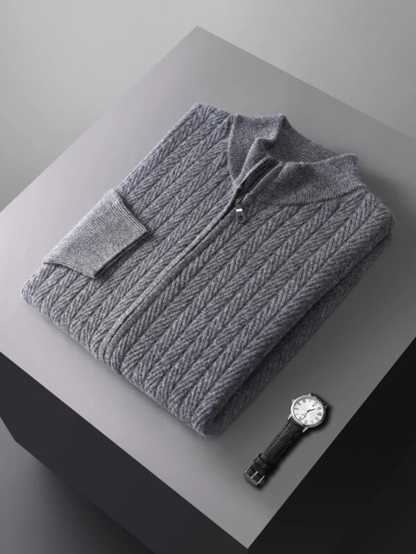 Scd8a245fa9004251a4319e6bc49efa07j.jpg Thick Men's Mock Neck Cardigan 100% Merino Wool Sweater Autumn Winter Smart Casual Cashmere Knitwear Jacquard Texture Clothing