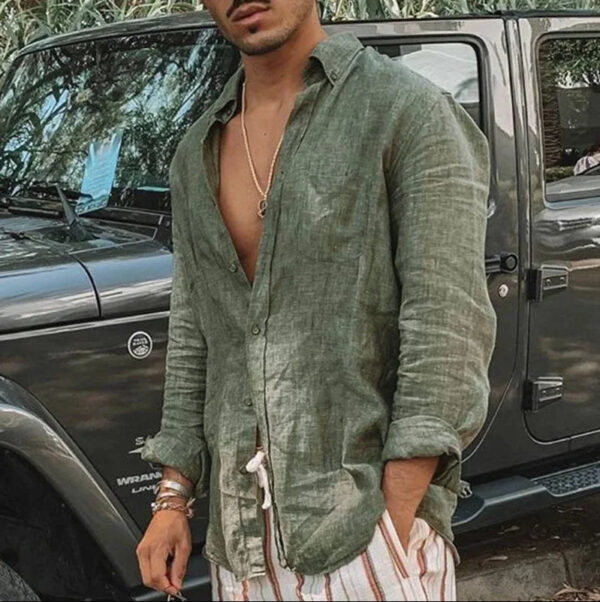 Sce408a2936a34a71adc95c3e195be280H.jpg Men's new men's long sleeve buttoned cotton linen shirt lapel cardigan