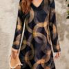 Scee651424a00435aa94440fb3c27b6cf5.jpg Women's Early Autumn Long - Sleeve V - Neck Dress, Geometric Gold - Print, Ideal for Casual & Evening